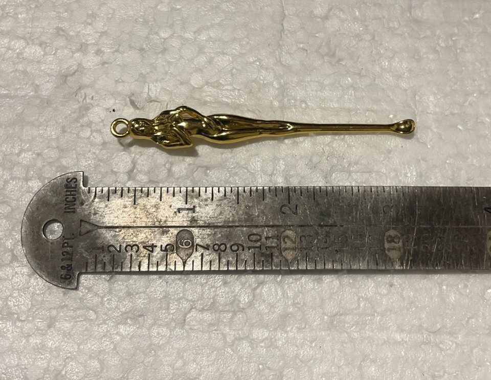 Figural Nude Woman 3” Mini Snuf Spoon Tool Pendant Vintage Retro Design Gold Item image 2