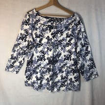 Charter Club Size 1x White w Blue Flowers Boat Neck Knit Tee Shirt Pima Cotton - £19.32 GBP