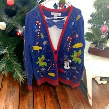 Jolly Sweaters Light Candy Cane Sequin Snowman Ugly Xmas Sweater Size Medium  - £21.75 GBP