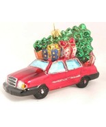 Red Sedan Car with Tree Christmas Ornament Mouth Blown Hand Painted Poland - $16.17