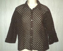 Chico&#39;s Jacket Size 1 S-M Brown Diamond Shaped Eyelet Buttoned 3/4 Sleeves - £15.33 GBP