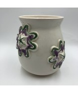 Vintage Clay Pottery Vase White with Floral Accents Heavy Tabletop Décor... - £31.13 GBP