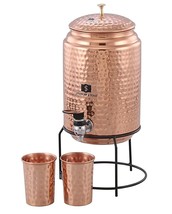 Copper Water Dispenser Matka Tank Pot 5 liter with 2 Glass and Iron Stand - $53.92