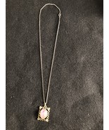 Vintage pendant necklace metal chain gold tone pink oval cabochon long - €51,16 EUR