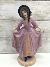 Vintage Art Deco Porcelain Curtsying Lady Figurine in Pink Purple Dress Bonnet - £12.48 GBP