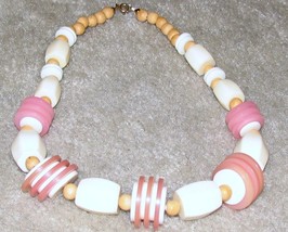 Vintage Costume Jewelry Pink, White &amp; Wood Bead Necklace - $7.95