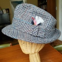 Vintage Pendleton 100% Virgin Wool Tweed Grey Fedora w feathers Hat Sz 7... - $21.63