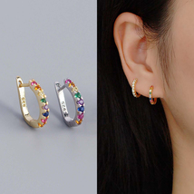 Multicolored Stone Hoop Earrings Dainty Small Rainbow Huggie Hoops Earrings - £9.85 GBP