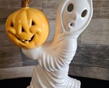 Ceramic White Ghost Holding Pumpkin 12&quot; Halloween Décor Light - Vintage! - £53.66 GBP