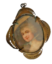 Antique Brooch Pendant Victorian Lady Gold Tone Metal Brass Victorian Ro... - €102,70 EUR