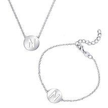 Sterling Silver Cut-Out Shiny &#39;N&#39; Disc Initial Bracelet &amp; Necklace Set - £45.16 GBP
