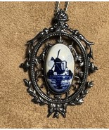 Vtg Dutch Delft Oval Antiqued Silver Tone Filigree Necklace Pendant Broo... - $34.08 CAD