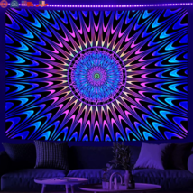 Blacklight Tapestry Hippie UV Reactive Trippy Decor Neon Boho Mandala Wall - £17.20 GBP+