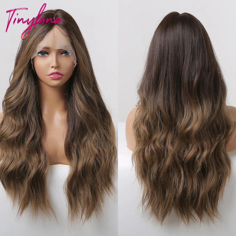 Long Wavy Transparent Lace Front Synthetic Wigs Brown Golden Ombre Lace Front - £40.33 GBP+
