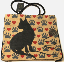 $20 Mona B Black Cat Yarn Paws Burlap Tote Bag Be Fearlessly Tan Oversized Tag - £17.21 GBP