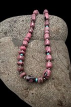 Navajo Handmade Sterling Silver Natural Pink Rhodonite Turquoise Beaded Necklace - £199.36 GBP