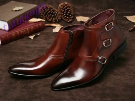 New Men&#39;s Handmade Brown Pointed Toe Triple Monk Strap Ankle Dress Leather Boots - £119.06 GBP+