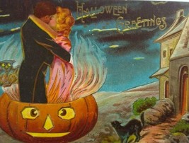 Halloween Postcard Haunted Castle Fantasy Kissing Couple Antique Sanders Unused - £141.44 GBP