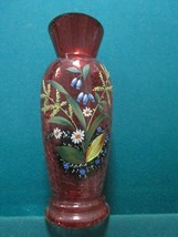 Moser Style Czech Red Crackle Glass Hand Painted Vase Fin Glass - £98.92 GBP