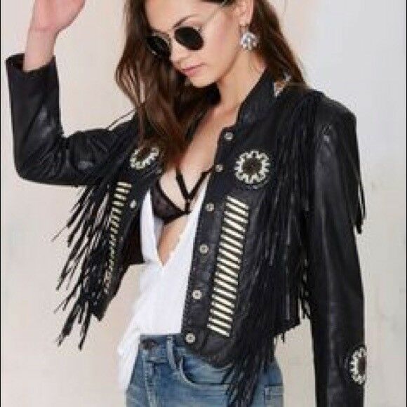Women's Black Western Style Fringed Genuine Leather Bone Bead Patches Jacket