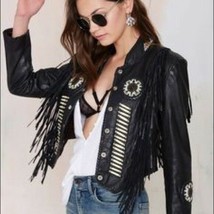 Women&#39;s Black Western Style Fringed Genuine Leather Bone Bead Patches Jacket - £140.99 GBP