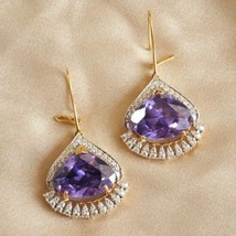 3Ct Oval Cut CZ Amethyst Drop &amp; Dangle Hook Earning 14K Yellow Gold Finish - $127.49