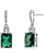 14K White Gold Created Emerald Checkerboard Cut Earrings - £310.61 GBP