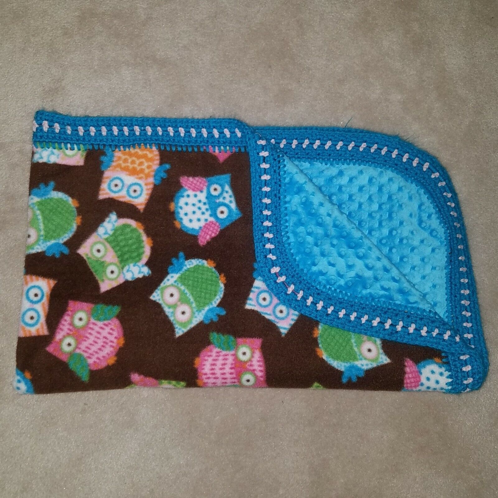 Brown Owls Baby Blanket Blue Minky Dot Crochet Trim Throw Lap Orange Blue Green - $17.77
