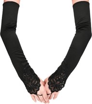 Bridal Prom Costume Adult Satin Fingerless Gloves Black Opera Length Beaded - $13.54