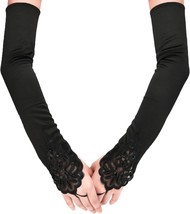 Bridal Prom Costume Adult Satin Fingerless Gloves Black Opera Length Beaded - £10.82 GBP