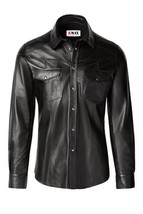 Men’s Perl Snap Button Classic Style Black Sheep skin Leather shirt - $134.99+