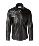 Men’s Perl Snap Button Classic Style Black Sheep skin Leather shirt - $134.99 - $152.99