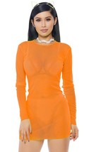 Neon Orange Sheer Mini Dress Mesh Long Sleeves Layering Costume Club 118... - £33.91 GBP