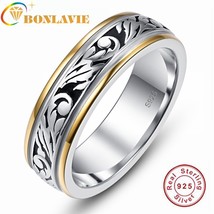 BONLAVIE 6mm Retro Carved Two-color Plated 925 Silver Ring for Men and Women Eng - £21.03 GBP