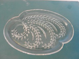 Vintage Clear Glass Oval Shaped Plate, Embossed Leaves on Bottom - $35.00