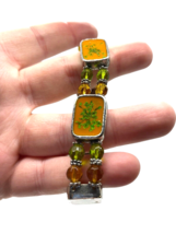 Orange Linked Bracelet Green Pressed Look Painted Flowers Leaves Cuff Metal Tone - £29.51 GBP