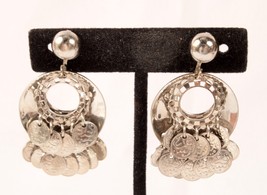 Faux Coin Dangle Earrings Silver Tone Mid-Eastern Style Clip On - £11.10 GBP