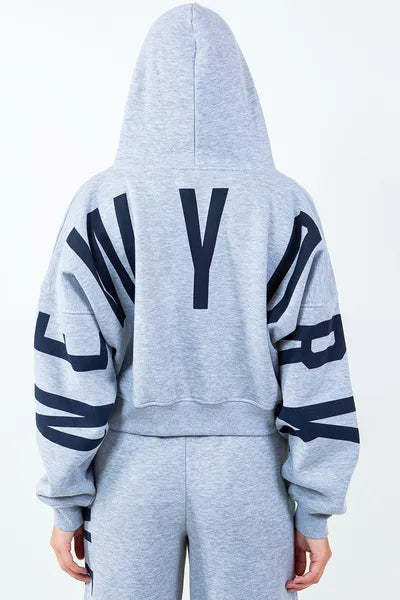 American Bazi Letter Graphic Long Sleeve Drawstring Cropped Hoodie - $43.05