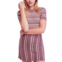 Free People Retro Cool Mini Dress Large 10 12 Pink Yellow Shimmer Knit Stretch - $58.06