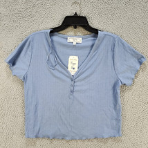 Hippie Rose Henley V-Neck Ribbed Top Juniors Solid Short Sleeve Size Small Blue - £5.78 GBP