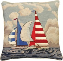 Pillow Throw Needlepoint Striped Sailboat 18x18 Cotton Velvet Back Wool - £230.16 GBP