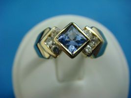 14 K. Yellow Gold Over Princess Tanzanite &amp; Diamonds &amp; 1.75 Ct Wedding Ring - £81.59 GBP
