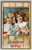 Easter Greeting Victorian Children White Bunny Rabbit Little Chicks Postcard O25 - £5.44 GBP