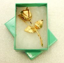 Giovanni Gold Tone Brooch Pin, Blooming Long Stem Rose w/Leaves, Vintage... - $9.75