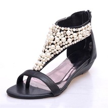YAERNIDesigner T-strap pearl beading sandals women  black/gold flip flops small  - £38.94 GBP