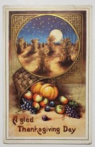 Thanksgiving Greetings Beautiful Moon Night Scene Wheat Fruit Gild Postcard O23 - £7.81 GBP