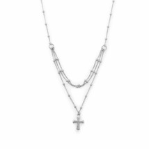 Women&#39;s 14K White Gold Over Three Rows Beaded Jesus Cross Necklace Gift 18&quot; - £118.67 GBP