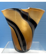 Tiger Striped Wavy Vase Hand Blown Art Cased Glass  9.5 X 9.5” Handkerch... - £43.12 GBP