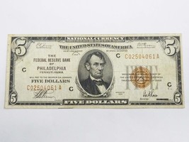 Series 1929 $5 National Currency Note Philadelphia Pennsylvania #C02504061A - £71.71 GBP