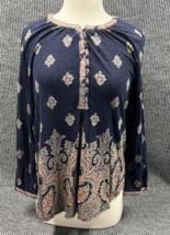 Lucky Brand Top Women Large Navy Blue Persian Carpet Print Boho Blouse Shirt - £20.22 GBP